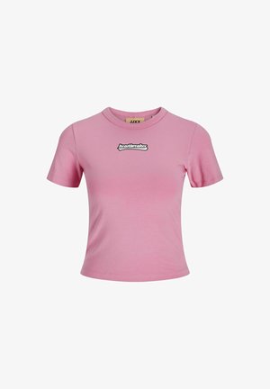 Tricou din bumbac roz cu mânecă scurtă, având un gât rotund și un logo negru "heartbreakers" pe partea din față, deasupra pieptului.