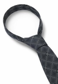 Cravatta blu navy con motivo a pois e piccole quadrati bianchi, realizzata in tessuto testurizzato, con una forma classica e una finitura liscia.