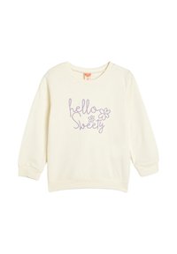 Crème-kleurige sweatshirt met lange mouwen, voorzien van geborduurde paarse tekst "hello Sweet" en twee bloemenontwerpen op de voorkant.
