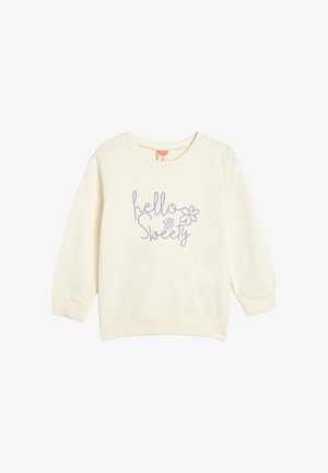Cremefarbenes Sweatshirt mit langen Ärmeln, mit gesticktem lila Text "Hallo Sweet" und zwei Blumenmotiven auf der Vorderseite.