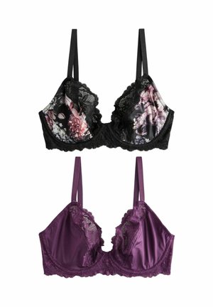 Lace-trimmed bras: top features black floral pattern with sheer overlay; bottom is solid deep purple satin with scalloped edges.