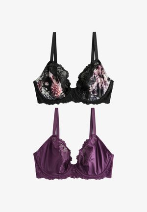 Büstenhalter mit Spitzenbesatz: Oben mit schwarzem Blumenmuster und transparenter Overlay; der Boden besteht aus festem, tiefpurpurfarbenem Satin mit gewellten Kanten.