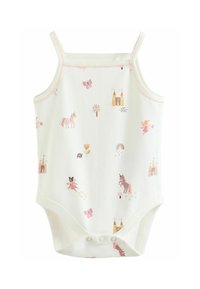 Licht crèmekleurig, mouwloos babybodysuit met pastelkleurige eenhoorns, kastelen en vlinders in een verspreid patroon. Drukknopen aan de onderkant.
