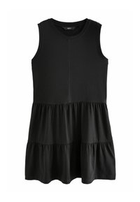 Czarna sukienka bez rękawów z dopasowanym topem i rozkloszowaną, warstwową spódnicą. Wykonana z miękkiego materiału o gładkiej fakturze. Prosty design, bez wzorów.