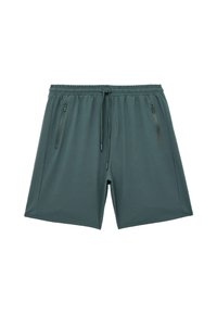 Bermudas deportivas de color verde oscuro con una cinturilla elástica, cordón ajustable y dos bolsillos laterales con cremallera. Tejido suave y ligero con un ajuste relajado.