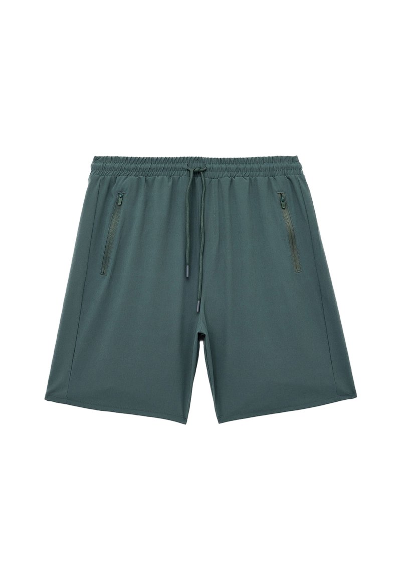 Bermudas deportivas de color verde oscuro con una cinturilla elástica, cordón ajustable y dos bolsillos laterales con cremallera. Tejido suave y ligero con un ajuste relajado.
