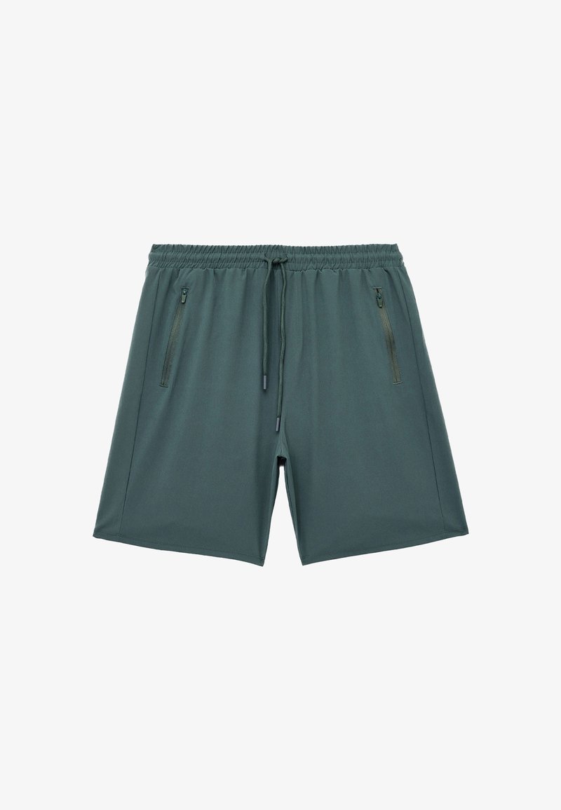 Bermudas deportivas de color verde oscuro con una cinturilla elástica, cordón ajustable y dos bolsillos laterales con cremallera. Tejido suave y ligero con un ajuste relajado.