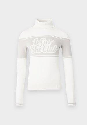 Maglione a collo alto bianco con grafica "Le Ger Ski Club" in grigio chiaro e strisce grigie sul petto. Polsini e orlo a coste.
