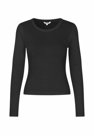 Schwarzes tailliertes, langärmeliges Rippstrickshirt mit rundem Ausschnitt und gewellten Kanten am Kragen, an den Bündchen und am Saum, Größe Small.