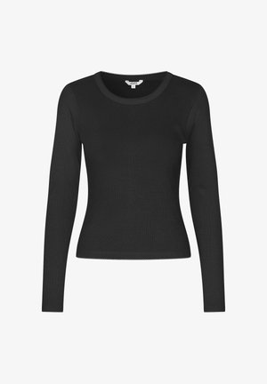 Zwart nauwsluitend geribd shirt met lange mouwen, ronde halslijn en geschulpte randen aan kraag, manchetten en zoom, maat small.