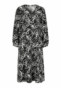 Schwarzes Kleid mit weißem abstraktem Blumenmuster, V-Ausschnitt, langen Ärmeln und einer lockeren Passform. Das Material wirkt leicht und leicht strukturiert.