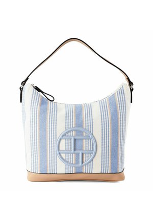 Sac à main en tissu rayé bleu, blanc et beige avec un emblème géométrique circulaire sur le devant et une anse noire.