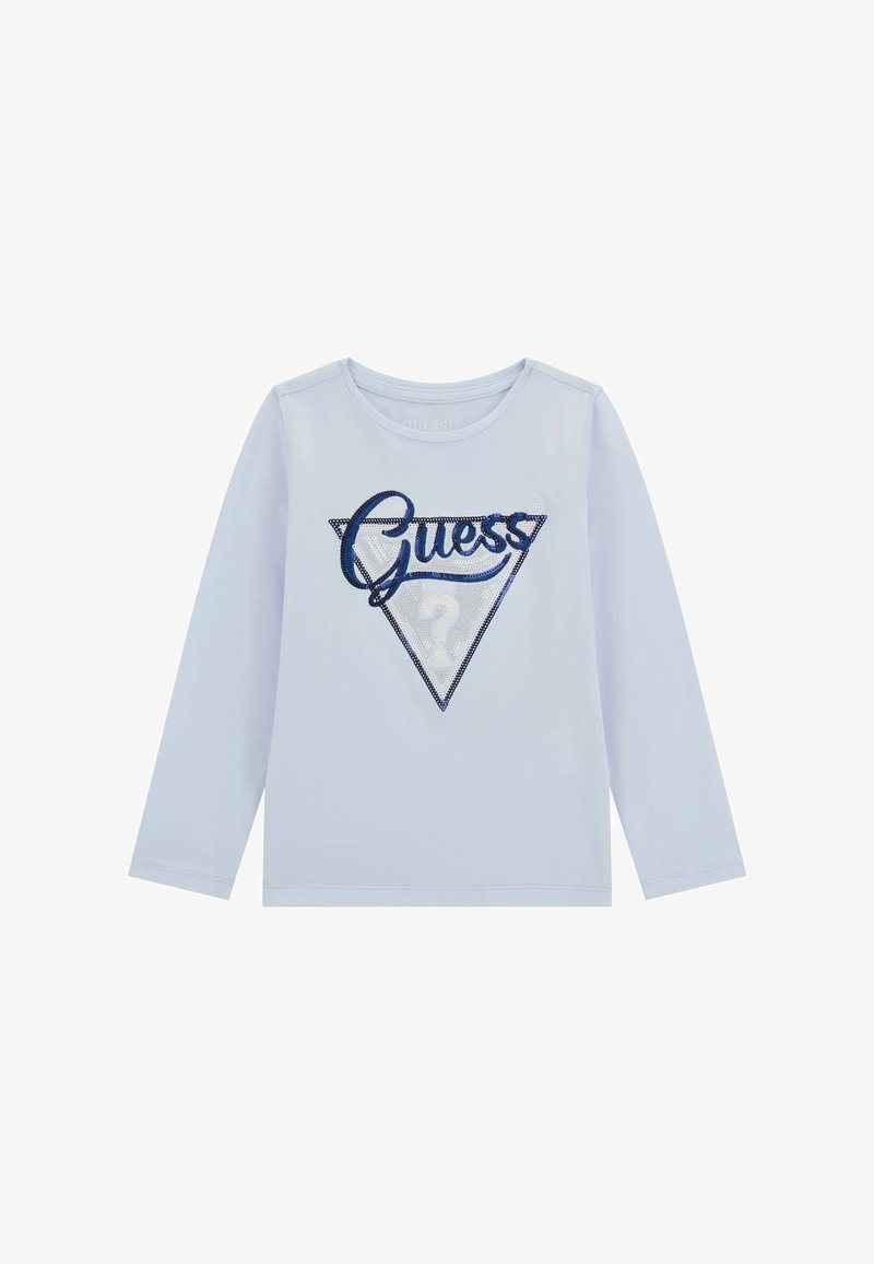 Hellesblaues Langarmshirt mit dreieckigem "Guess"-Logo in Marineblau, verziert mit Pailletten. Weicher Stoff, Rundhalsausschnitt und normale Passform.