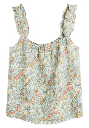 Ærmeløs top med rynkede stropper med et pastelfarvet blomsterprint i lyseblå, creme, pink og sennepsnuancer.