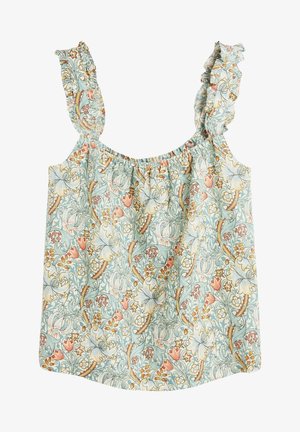 Haut sans manches avec bretelles volantées présentant un motif floral pastel en bleu clair, crème, rose et tons moutarde.