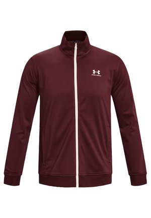 Bordeauxfarbener Zip-Up-Jacke aus weichem Stoff, mit hohem Kragen, weißem Reißverschluss und Under Armour-Logo auf der linken Brust.