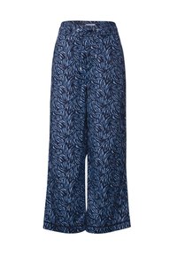 Mörkblå vida byxor med ett bladmönster i ljusblått, med en dragsko i midjan och en lös, avslappnad silhuett.