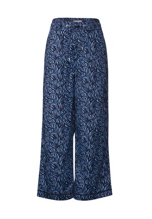 Marineblaue, weite Hosen mit einem Blättermuster in Hellblau, ausgestattet mit einem Kordelzugbund und einer lockeren, entspannten Silhouette.