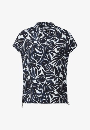 Korte mouwen knoopshirt in het wit met een marineblauw bladerenpatroon, met een kraag en verstelbare zijranden met hardware.