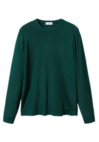 Pull en tricot vert foncé à manches longues, avec poignets côtelés et encolure ronde, présenté à plat sur un fond blanc.