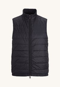 Svart ärmlös puffer-väst med hög krage, framsidans dragkedja, horisontell quiltad design, slät textur och elastisk nederkant.
