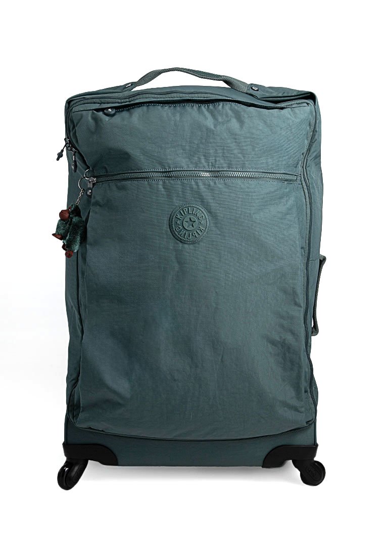 Valise à roulettes verte et souple avec une poignée supérieure, une poche zippée à l'avant et un gland décoratif. Présente un logo de marque rond à l'avant.