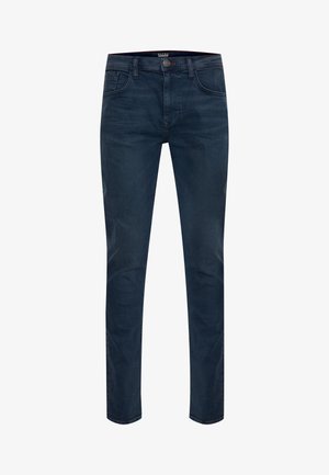 Temno modre kavbojke iz jeansa s slim krojem, z dizajnom s petimi žepi, kontrastnimi šivi in enim zapenjanjem na pasu z gumbom.