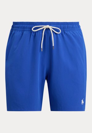 Short de bain bleu pour homme avec ceinture élastique et cordon blanc, avec un petit logo blanc de joueur de polo sur la jambe inférieure droite.