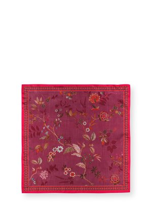 Vierkante bordeauxrode sjaal met bloemenpatronen in rood, roze, oranje en groen, met een rode en oranje patroonrand.