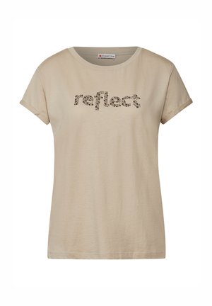 Beige Baumwoll-T-Shirt mit kurzen Ärmeln und rundem Halsausschnitt, versehen mit dem Wort "reflect" in einem strukturierten schwarzen Druck.