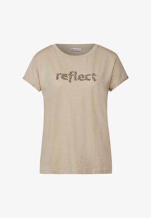 Beige Baumwoll-T-Shirt mit kurzen Ärmeln und rundem Halsausschnitt, versehen mit dem Wort "reflect" in einem strukturierten schwarzen Druck.