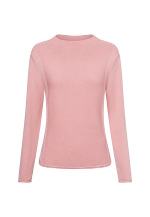 Helles rosa Langarmpullover mit Rundhalsausschnitt. Verfügt über einen strukturierten Strickstoff und ein nahtloses Schulterdesign.