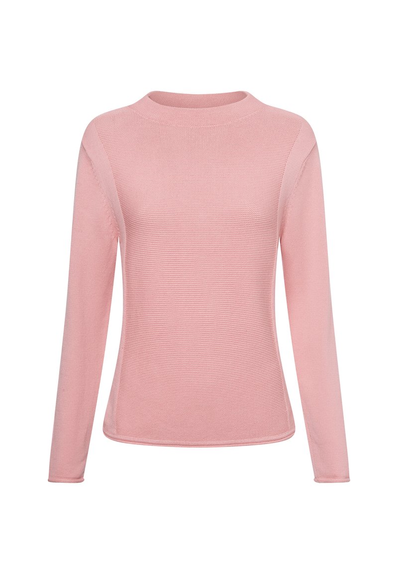 Helles rosa Langarmpullover mit Rundhalsausschnitt. Verfügt über einen strukturierten Strickstoff und ein nahtloses Schulterdesign.