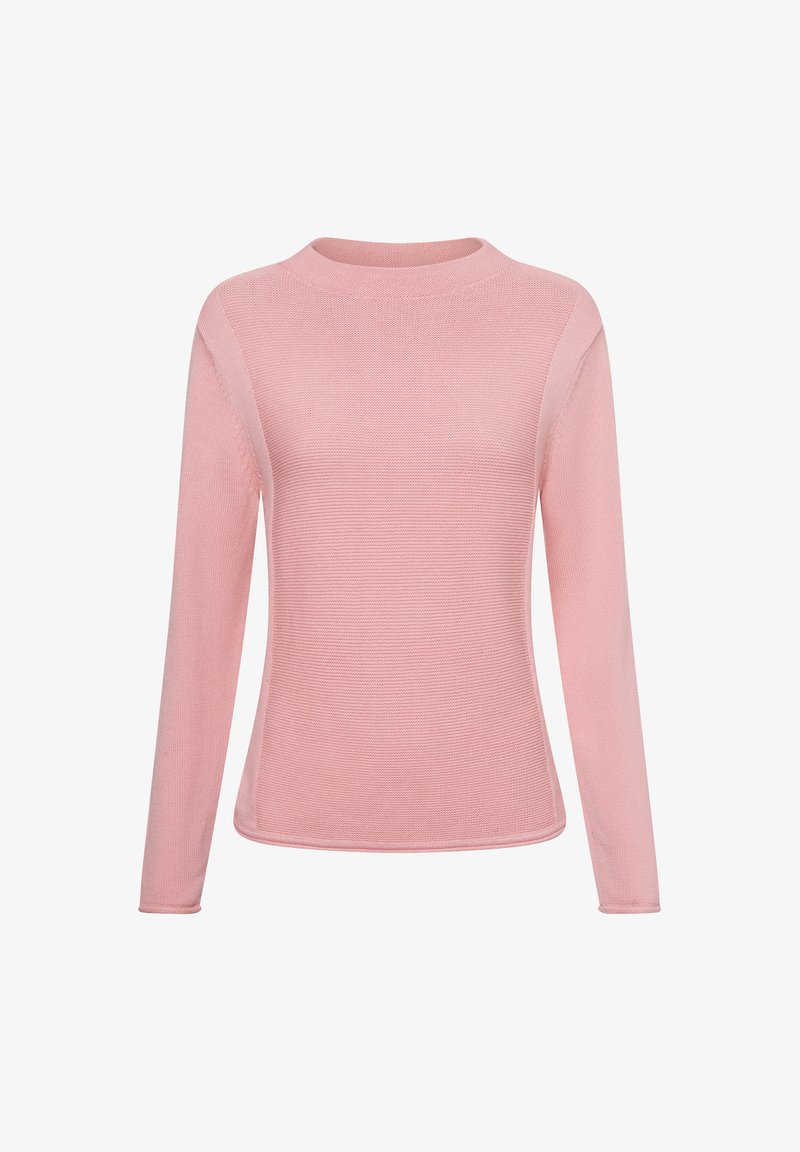 Helles rosa Langarmpullover mit Rundhalsausschnitt. Verfügt über einen strukturierten Strickstoff und ein nahtloses Schulterdesign.