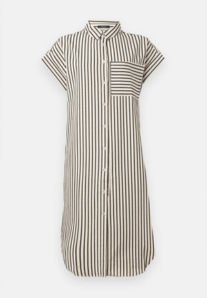 Shirtjurk met kraag, korte mouwen, zwart-witte verticale strepen, volledige knoopsluiting en een borstzak. Zachte stofstructuur.