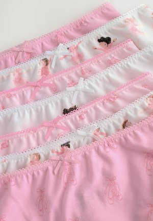 Ensemble de cinq culottes pour filles dans des tons de rose, présentant des imprimés sur le thème du ballet et des nœuds. Coton doux avec des bords en dentelle le long de la taille.