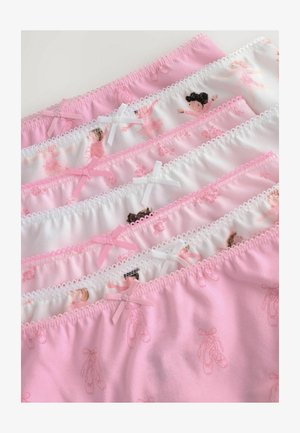 Set van vijf meisjesonderbroeken in tinten roze, met balletthema prints en strikken. Zachte katoen met kant langs de tailleband.