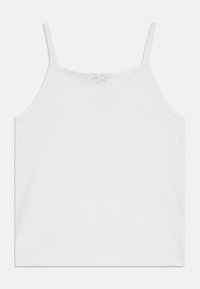 White cotton tank top with thin adjustable straps, featuring a small back bow detail and scalloped trim along the neckline.