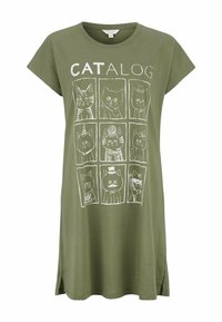 Olive green short-sleeve t-shirt dress featuring a white cat-themed graphic with nine cat illustrations, round neckline, and side slits.