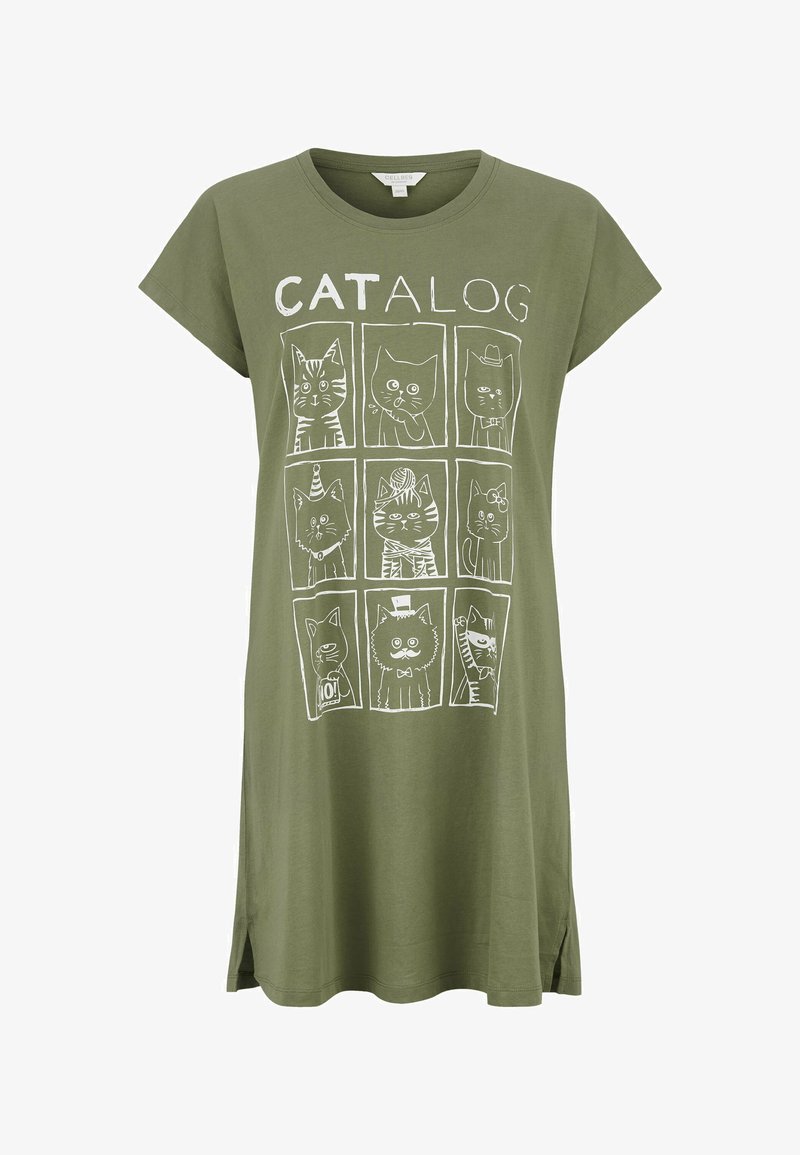 Vihreä oliivinvärinen lyhythihainen t-paitamekko, jossa on valkoinen kissateemainen grafiikka yhdeksällä kissakuvalla, pyöreä pääntie ja sivuraot.
