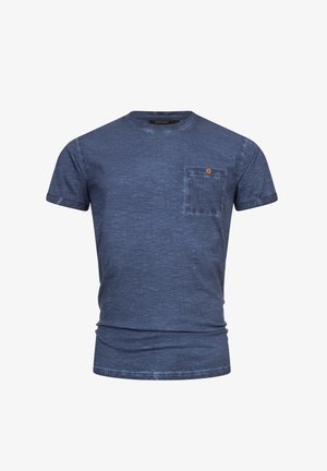 Men's navy blue short-sleeve t-shirt with a round neck and a single chest pocket fastened with a brown button.