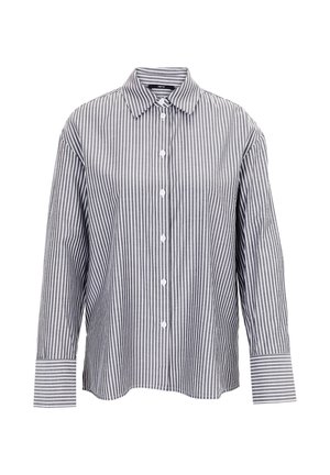 Chemise à rayures boutonnée en gris et blanc. Elle présente un col, des manches longues avec détails aux poignets et une coupe décontractée. Confectionnée dans un tissu léger.