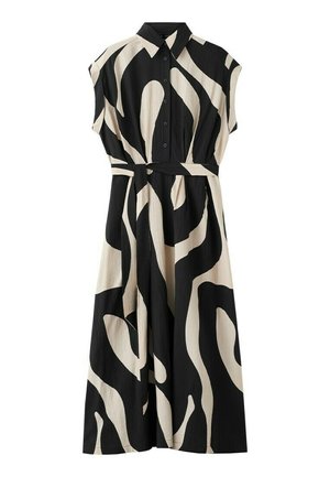 Robe midi sans manches noire et beige avec motif abstrait tourbillonnant, devant à boutons, col et ceinture assortie à la taille.