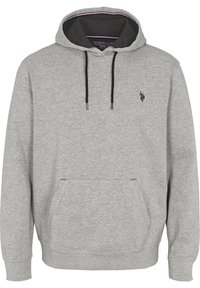 Felpa con cappuccio grigia in tessuto morbido, con tasca frontale a marsupio, cordini neri e un piccolo logo sul petto. Cappuccio foderato con cuciture a contrasto.