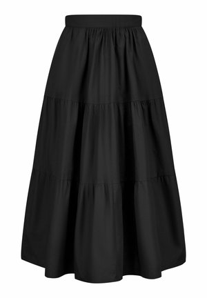 Zwarte midi-rok met meerdere lagen en een elastische tailleband, gemaakt van lichtgewicht stof, met drie horizontale geplooide panelen voor volume.