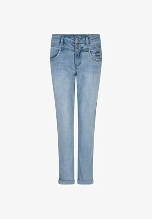 Lichtblauwe rechte spijkerbroek met dubbele knoopsluiting, voorzakken en opgerolde pijpen.