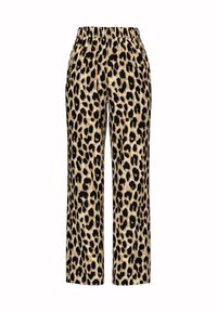 Kalhoty s leopardím potiskem a elastickým pasem. Vyrobené z hladké, lehké tkaniny. Mají volný střih a rovný design nohavic.