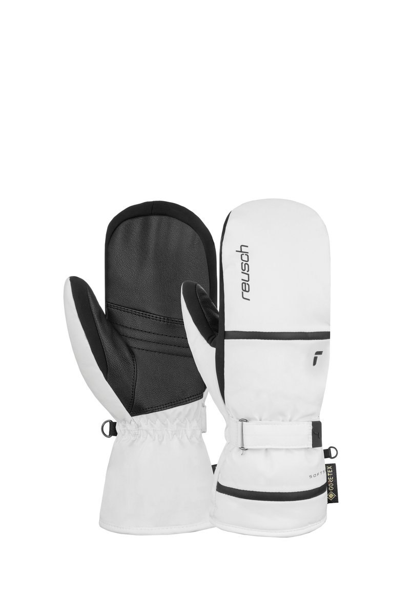 Hvide og sorte isolerede vanter med læderpalme, elastisk manchet og Velcro-rem, der har et Gore-Tex mærke for vandtæthed.