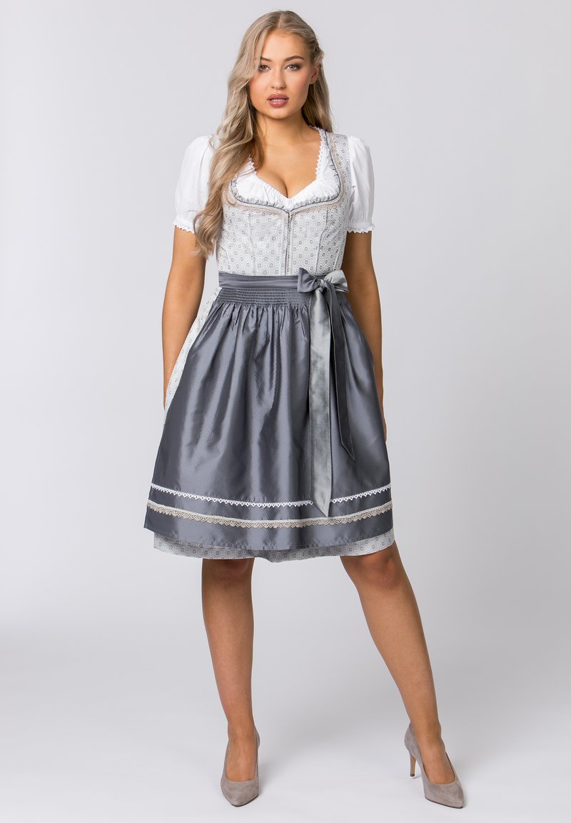 Grey traditional dress with a fitted bodice, white puff sleeves, and a full skirt. Features lace trim and a matching ribbon belt.