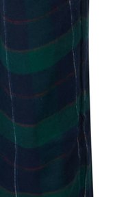 Wolmix ruitstof in marineblauw en groen, met golvende patronen en rode accenten, afgewerkt met zichtbare stiksels langs de naden.